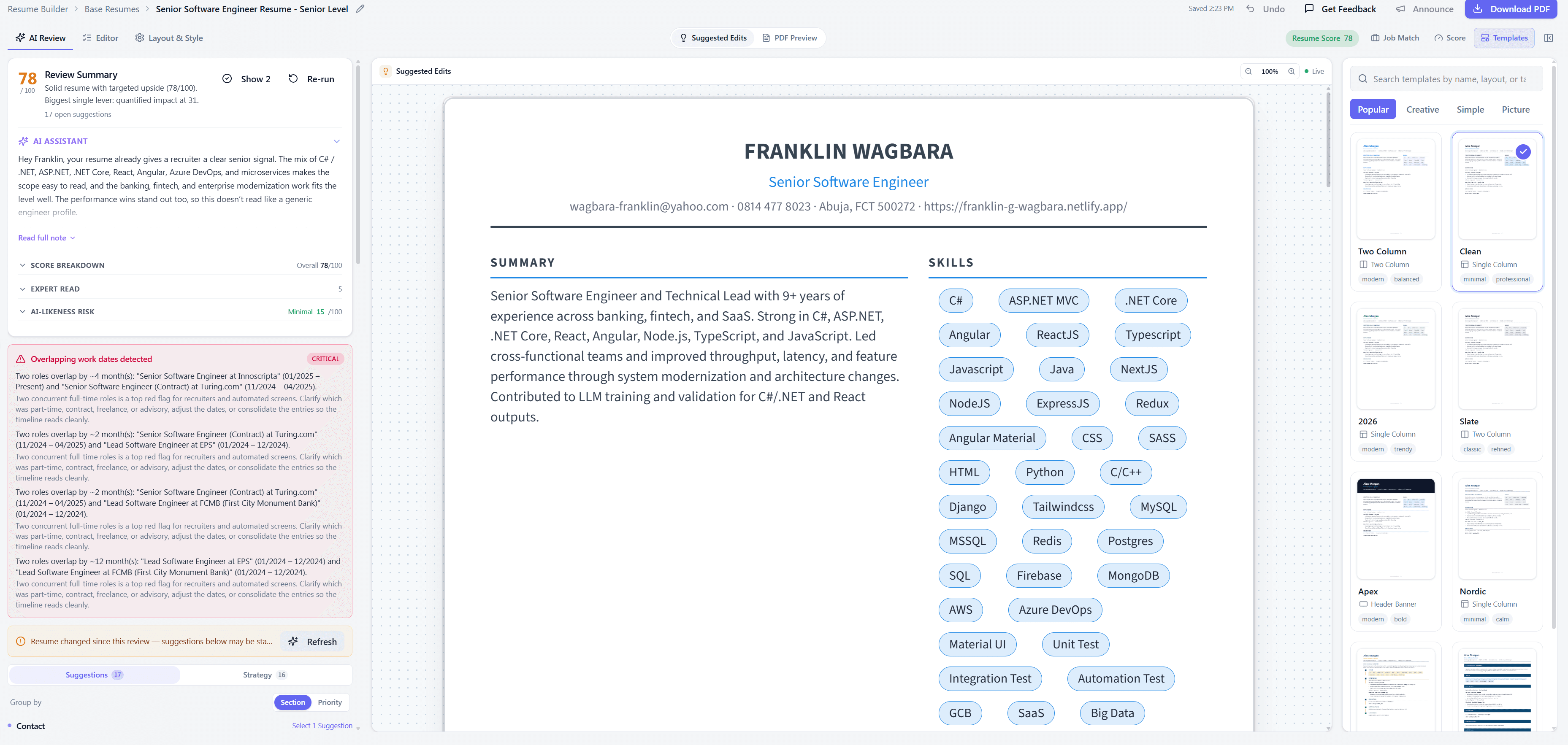 Elevare AI Review panel scoring a resume and listing targeted suggestions next to a live preview.